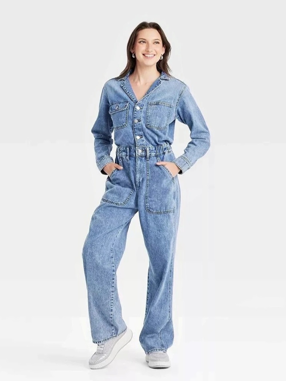 Universal Thread Denim Utility Jumpsuit Long Sleeve Button Front Baggy Jumpsuit